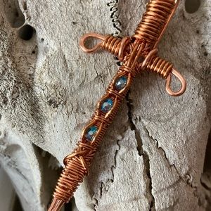 Copper sword pendant with blue Swarovski crystals